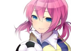  1boy bad_id bad_pixiv_id ball blue_eyes inazuma_eleven_(series) inazuma_eleven_go kirino_ranmaru male_focus otoko_no_ko pink_hair shun47 simple_background smile soccer_ball soccer_uniform solo sportswear telstar twintails white_background 