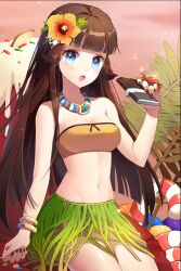  bandeau bangle bare_shoulders blue_eyes blunt_bangs bracelet breasts brown_hair candy candy_cane chocolate chocolate_bar cleavage collarbone commentary_request cygnus_(sword_girls) eating female flower food gilse grass_skirt hair_flower hair_ornament holding holding_chocolate holding_food icing jelly_bean jewelry long_hair midriff nail_polish navel necklace open_mouth photoshop_(medium) shiny_skin sitting small_breasts solo strapless sword_girls tube_top 