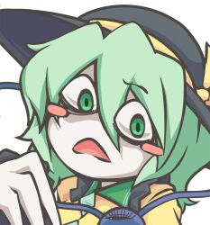  angry annoyed blush colored_skin commentary_request female green_eyes green_hair hat koishi_komeiji&#039;s_heart-throbbing_adventure komeiji_koishi monopollyan parody short_hair solo style_parody third_eye touhou white_skin 