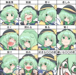  +_+ angry blush chart closed_eyes colored_skin commentary_request crying excited expression_chart expressions female green_eyes green_hair happy hat horror_(theme) koishi_komeiji&#039;s_heart-throbbing_adventure komeiji_koishi long_hair monopollyan multiple_views no_headwear parody sad short_hair shy smile style_parody surprised teeth touhou translated undressing whip white_skin 