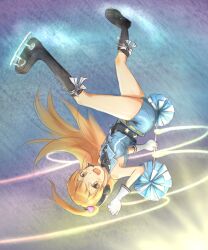  amamiya_rizumu brown_eyes chakkaman commentary_request female gloves grey_shorts hair_ornament headphones heart heart_hair_ornament highres ice_skates long_hair one_side_up orange_hair pretty_rhythm pretty_rhythm_aurora_dream pretty_series ribbon_baton shorts skates solo upside-down white_gloves 