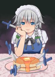  blue_eyes bow braid butter commentary_request dagger female food grey_hair hairbow highres holding izayoi_sakuya knife kurarin maid maid_headdress pancake plate pov_across_table smile solo touhou twin_braids weapon 