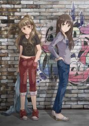  2girls band_shirt brown_eyes brown_hair capri_pants casual commentary_request denim earrings eyebrows graffiti green_eyes hands_in_pockets idolmaster idolmaster_cinderella_girls jacket jeans jewelry kamiya_nao long_hair merchandise midriff_peek multiple_girls navel nirvana_(band) no_socks pants photoshop_(medium) sandals satomura_kyou shibuya_rin standing 