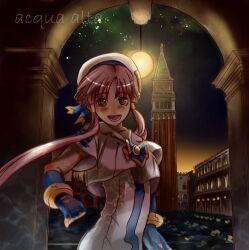  aria_(manga) aria_company_uniform bad_id bad_pixiv_id blouse campanile_di_san_marco dress female fingerless_gloves gloves grazie_(avvenire-aria) green_eyes hair_tubes hat italy long_dress lowres mizunashi_akari night night_sky pink_hair sailor_collar shirt short_hair_with_long_locks short_sleeves sidelocks sky solo uniform venice water white_dress white_shirt 