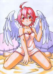  :&lt; ahoge alternate_costume alternate_wings animal_ears bare_legs bare_shoulders barefoot breasts chemise cleavage collarbone commentary_request female kawachi_koorogi looking_at_viewer marker_(medium) mystia_lorelei no_headwear pillow pink_hair short_hair sitting small_breasts solo strap_slip touhou traditional_media underwear underwear_only wariza white_wings wings 