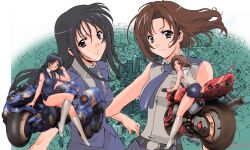  2girls absurdres adapted_costume black_hair blue_necktie blue_vest boots brown_hair city commentary_request green_eyes highres kobayakawa_miyuki long_hair moriguchi_nao_(naonao) motor_vehicle motorcycle multiple_girls necktie police police_uniform policewoman purple_eyes riding science_fiction shirt short_hair skirt sleeveless sleeveless_shirt taiho_shichauzo tsujimoto_natsumi uniform vest white_footwear white_shirt 