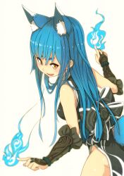  animal_ears bare_shoulders blue_fire blue_hair commentary_request female fire fox_ears fox_tail gauntlets long_hair nosuku open_mouth orange_eyes original ribbon simple_background solo tail white_background 