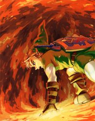  1boy belt blonde_hair commentary_request fingerless_gloves fire gloves hat hylian_shield link male_focus master_sword pointy_ears pyrokinesis shield shield_on_back shiwashiwa_no_kinchakubukuru solo sword sword_on_back the_legend_of_zelda the_legend_of_zelda:_ocarina_of_time weapon weapon_on_back 