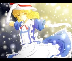  apron bad_id bad_pixiv_id blonde_hair dress elbow_gloves female flugel gloves hat highres kana_anaberal letterboxed ribbon short_hair smile solo sun_hat touhou touhou_(pc-98) yellow_eyes 