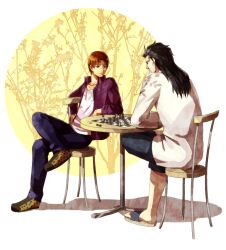  2boys animal_print asura_(asr4000) bad_id bad_pixiv_id black_eyes black_hair board_game casual chair chess crossed_legs fate/zero fate_(series) gilles_de_rais_(caster)_(fate) hair_down jacket leopard_print long_hair multiple_boys purple_jacket sandals shoes sitting sneakers uryuu_ryuunosuke 