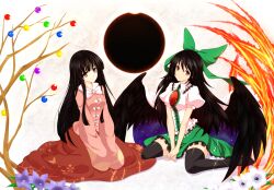  2girls black_hair black_thighhighs bow branch brown_eyes commentary_request eclipse fire flower green_skirt hairbow highres houraisan_kaguya japanese_clothes jeweled_branch_of_hourai long_hair multiple_girls photoshop_(medium) red_eyes reiuji_utsuho sitting skirt solar_eclipse thighhighs third_eye tohoho_(hoshinoyami) touhou wariza 