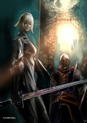  1boy absurdres armor bad_id bad_pixiv_id blonde_hair dark_souls_(series) dark_souls_i female highres knight knight_of_astora_oscar kuroki_kazuaki shield sword weapon 