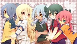  5boys afuro_terumi androgynous blonde_hair blue_eyes blush braid brown_eyes dark_skin eyepatch frown green_eyes green_hair hair_over_one_eye inazuma_eleven inazuma_eleven_(series) inazuma_eleven_go kazemaru_ichirouta kirino_ranmaru long_hair looking_back male male_focus mistorene_callus multiple_boys open_mouth payu_(arucure) pink_hair ponytail purple_eyes red_eyes sakuma_jirou shorts smile soccer_uniform sportswear trap twintails uniform white_hair 