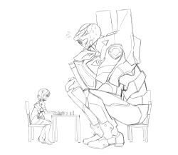  ayanami_rei bad_id board_game chair chess eva_00 female greyscale hair_ornament head_rest height_difference highres kekekeke line_art mecha monochrome neon_genesis_evangelion playing_games plugsuit robot sweatdrop 