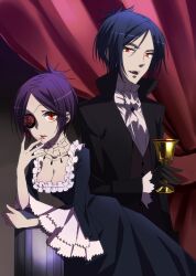  1boy bad_id bad_pixiv_id blood chrome_dokuro curtains dress eyepatch female flower glass gloves jewelry katekyo_hitman_reborn! long_dress long_sleeves purple_hair red_eyes rokudou_mukuro rose short_hair vampire you_(outtune) 