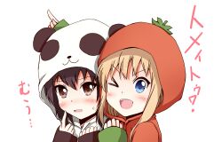  &gt;_o 2girls :d aikawa_ryou animal_costume blonde_hair blue_eyes blush brown_eyes brown_hair commentary_request finger_to_face funami_yui hood hoodie multiple_girls one_eye_closed open_mouth pajamas panda_costume simple_background smile sweatdrop tomato_costume toshinou_kyouko translated white_background yuru_yuri 