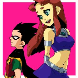  1boy animification armlet bad_id bad_pixiv_id black_hair cape commentary_request dc_comics dick_grayson dramatica female gorget green_eyes lowres mask midriff navel oekaki red_hair robin_(dc) smile starfire teen_titans 