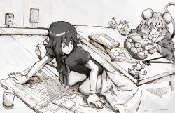  2girls animal_ears black_hair bowl commentary_request cup dowsing_rod electrical_outlet food fruit houjuu_nue monochrome mouse_(animal) mouse_ears mouse_tail mtmy multiple_girls nazrin newspaper orange_(fruit) ribbon short_hair tail touhou 