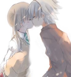  1boy blush female hairband kissing maka_albarn necktie plaid plaid_skirt school_uniform skirt soul_eater soul_eater_(character) soul_eater_evans straight straight striped striped_necktie student twintails uniform white_hair 