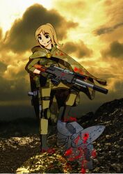  astra_militarum bad_id bad_pixiv_id blood blue_eyes brown_hair bullet_hole cloak cloud crossover eldar female gun headset headshot highres holster k-on! knee_pads kotobuki_tsumugi lasgun laspistol photoshop_(medium) ponytail rifle scope sniper_rifle thick_eyebrows thigh_holster trigger_discipline unknownid warhammer_40k weapon 