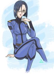  anchor arm_support bad_id bad_pixiv_id belt blue_hair bob_cut bodysuit breasts brown_eyes female glasses hair_ornament hair_over_one_eye hairclip hand_gesture insignia kujira_gunsou large_breasts medium_hair military military_uniform niimi_kaoru open_mouth photoshop_(medium) short_hair sitting solo uchuu_senkan_yamato uchuu_senkan_yamato_2199 uniform 