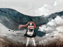  bad_id bad_pixiv_id choker cloud female fishing_rod flying_whale hat highres holding kodatino long_hair original photoshop_(medium) pink_eyes pink_hair ribbon_choker single_thighhigh solo thighhighs twintails whale wind witch witch_hat 