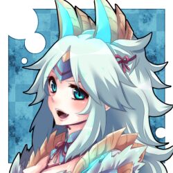  blue_eyes boooo-im commentary_request female long_hair monster_hunter_(character) monster_hunter_(series) monster_hunter_portable_3rd open_mouth portrait ribbon solo white_hair zinogre_(armor) 