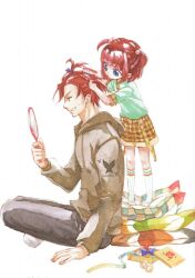  1boy artist_request blue_eyes blunt_bangs brother_and_sister brushing_another&#039;s_hair brushing_hair copyright_name female from_side hair_bobbles hair_ornament lolicon mirror pillow profile red_hair siblings simple_background sitting source_request two_side_up umineko_no_naku_koro_ni ushiromiya_ange ushiromiya_battler 