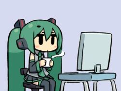  blush_stickers chan_co chibi computer cup detached_sleeves female green_hair hair_ornament hatsune_miku headphones imageboard_desourced long_hair monitor mug necktie non-web_source sitting skirt solo steam twintails vocaloid 