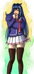  blue_hair breasts finger_to_mouth huge_breasts maken-ki! nijou_aki realistic school_uniform shoulder_pads sweatdrop thighhighs wakino_keibun wakino_yoshifumi zettai_ryouiki 