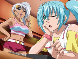  2girls ahoge bakugan bare_shoulders belt blue_eyes blue_hair bracelet breasts crop_top dark_skin ear earrings female fingernails green_eyes hair_between_eyes hand_on_hip highres indoors jewelry julie_hayward large_breasts long_hair lowtech-city makino_tomoyasu midriff misaki_runo multiple_girls navel open_mouth pointing pose short_shorts shorts side_ponytail standing table twintails uniform white_hair wink wristband 