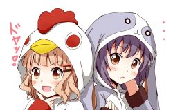  ... 2girls :d aikawa_ryou animal_costume blush brown_eyes brown_hair chicken_costume commentary_request doyagao furutani_himawari hair_ornament hairclip hood hoodie looking_at_viewer multiple_girls oerba_yun_fang oomuro_sakurako open_mouth pajamas purple_hair rabbit_costume simple_background smile smug translated white_background yuru_yuri 