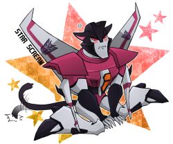  1boy afterimage anger_vein animal_ears blush cat_ears cat_tail commentary_request decepticon male_focus red_eyes robot shinzui_(fantasysky7) sitting solo starscream tail tears transformers transformers_animated wariza 