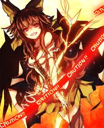  bow brown_hair cape caution center_frills commentary_request female frills grin hairbow long_hair looking_at_viewer medium_hair nosuku orange_theme red_eyes reiuji_utsuho short_sleeves skirt smile solo third_eye touhou wings 