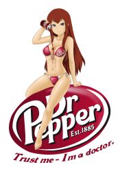  bikini blue_eyes breasts brown_hair dr_pepper drawfag female groin highres imageboard_desourced logo long_hair makise_kurisu non-web_source pouring product_placement side-tie_bikini_bottom sitting small_breasts solo steins;gate swimsuit transparent_background 