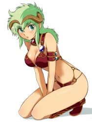  armlet armor bare_shoulders bikini_armor boots breasts cleavage commentary_request female gem green_eyes green_hair kahm kneeling large_breasts long_hair maabou navel o-ring o-ring_bottom outlanders shiny_skin solo squatting v_arms 