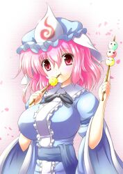  :t ^_^ ^o^ arms_up blue_dress breasts closed_eyes commentary_request dango dress eating female food hat large_breasts osashin_(osada) petals pink_eyes pink_hair saigyouji_yuyuko sash short_hair solid_circle_eyes solo stick touhou troll_face veil wagashi wide_sleeves 