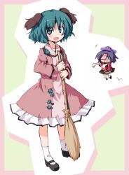  2girls animal_ears bamboo_broom black_hair broom closed_eyes green_eyes green_hair hat hime_takeo hopping kasodani_kyouko miyako_yoshika multiple_girls oerba_yun_fang ofuda open_mouth outstretched_arms photoshop_(medium) shoes short_hair skirt star_(symbol) touhou zombie_pose 