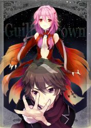  1boy bad_id bad_pixiv_id breasts brown_hair center_opening cleavage detached_sleeves female guilty_crown hair_ornament hairclip long_hair midriff ouma_shuu outstretched_hand pink_hair purple_eyes red_eyes scarf short_hair shun47 small_breasts smile twintails yuzuriha_inori 