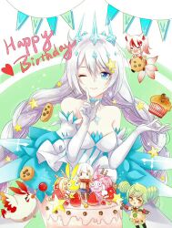  3girls ;) ai-chan_(honkai_impact) animal_ears birthday blue_eyes braid breasts cherry chibi cookie cupcake double_bun dress duwu_qian_xun_meng earrings elbow_gloves english_text food fox_ears fox_girl fox_tail fruit gloves green_hair hair_bun happy_birthday heart highres higokumaru homei_(honkai_impact) homu_(honkai_impact) honkai_(series) honkai_impact_3rd jewelry kiana_kaslana kiana_kaslana_(divine_prayer) looking_at_viewer medium_breasts multiple_girls multiple_tails one_eye_closed orange_eyes smile star_(symbol) strapless strapless_dress tail twin_braids white_dress white_gloves white_hair 