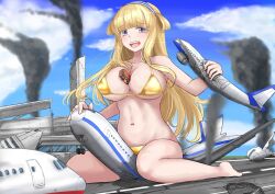  aircraft airplane airport between_breasts bikini blonde_hair blue_sky breasts bus cleavage cloud commission destruction female fletcher_(kancolle) full_body giant giantess gold_bikini grabbing hairband highres jet kantai_collection ken_(shutenndouji1) large_breasts long_hair looking_at_viewer micro_bikini motor_vehicle navel off_shoulder open_mouth outdoors pixiv_commission purple_eyes sitting sky smile solo straddling swimsuit teeth tongue underboob upper_teeth_only wariza 