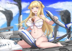  aircraft airplane airport between_breasts bikini blonde_hair blue_sky breasts bus cloud commission destruction female fletcher_(kancolle) fletcher_(swimsuit_mode)_(kancolle) full_body giant giantess grabbing hairband highres jet kantai_collection ken_(shutenndouji1) large_breasts long_hair looking_at_viewer motor_vehicle navel off_shoulder official_alternate_costume open_mouth outdoors pixiv_commission purple_eyes sitting sky smile solo straddling swimsuit teeth tongue upper_teeth_only wariza white_bikini 