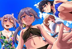  4girls ahoge akebono_(kancolle) alternate_costume animal_on_head bell bikini bikini_day black_bikini black_hair blue_one-piece_swimsuit blue_sky breasts brown_eyes brown_hair casual_one-piece_swimsuit cleavage cloud crab crab_on_head floral_print flower from_below hair_bell hair_flower hair_ornament halterneck highres jingle_bell kantai_collection medium_breasts medium_hair multiple_girls navel oboro_(kancolle) on_head one-piece_swimsuit one_eye_closed pink_eyes purple_hair rabbit rabbit_on_head sazanami_(kancolle) short_hair side_ponytail sky smile swimsuit twintails upper_body ushio_(kancolle) white_bikini yellow_quokka 