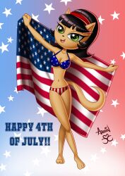  2024 4th_of_july absurd_res american_flag american_flag_bikini anthro arsbin bikini black_hair breasts cleavage clothed clothing cosmic_background domestic_cat english_text felid feline felis female flag_bikini green_eyes hair hi_res holidays kitty_katswell mammal nickelodeon pose signature smile solo starry_background swimwear t.u.f.f._puppy tan_body text two-piece_swimsuit united_states_of_america 