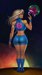  absurdres artist_name ass bare_shoulders blonde_hair blue_eyes boots breasts closed_mouth commentary danderfull female from_behind full_body hand_up highres knee_boots lips medium_breasts metroid metroid_(creature) planet samus_aran shorts signature skin_tight sleeveless smile space star_(sky) tank_top wristband zero_suit 