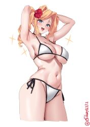  armpits arms_behind_head arms_up bikini blonde_hair blue_eyes blush breasts cleavage collarbone cropped_legs drill_hair ebifurya female flower hair_flower hair_ornament highres honolulu_(kancolle) kantai_collection large_breasts long_hair looking_at_viewer navel one-hour_drawing_challenge open_mouth side-tie_bikini_bottom simple_background smile solo stomach swimsuit twin_drills twintails twitter_username white_background white_bikini 