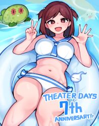  :d anniversary aoba_misaki bare_legs bare_shoulders bikini blue_necktie blue_sailor_collar blush breasts brown_eyes brown_hair chupacabra collarbone dot_nose eyelashes feet_out_of_frame female idolmaster idolmaster_million_live! idolmaster_million_live!_theater_days innertube kwaejina large_breasts looking_at_viewer lying medium_hair navel necktie on_innertube open_hand open_mouth parted_bangs sailor_collar sailor_swimsuit_(idolmaster) side-tie_bikini_bottom smile solo sweat swim_ring swimsuit two_side_up v water white_bikini 