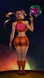  absurdres artist_name ass bare_shoulders blonde_hair blue_eyes boots breasts closed_mouth commentary danderfull female from_behind full_body hand_up highres knee_boots lips medium_breasts metroid metroid_(creature) planet ponytail samus_aran shorts signature skin_tight sleeveless smile space star_(sky) tank_top wristband zero_suit 