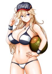  ahoge ball baseball_cap bikini black_bikini blonde_hair blue_eyes blue_hat breasts cameltoe cellphone character_name cowboy_shot dog_tags female groin hand_on_own_hip hat highres iowa_(kancolle) kantai_collection large_breasts long_hair lowleg lowleg_bikini navel official_alternate_costume phone simple_background solo star-shaped_pupils star_(symbol) striped_bikini striped_clothes swimsuit symbol-shaped_pupils two-tone_bikini ura_tomomi v white_background white_wristband 