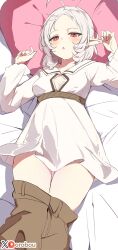  ahoge bed_sheet breasts center_opening clothes_pull dress elf female highres lying medium_breasts mushoku_tensei on_back on_bed orobou pants pants_pull pillow pointy_ears red_eyes solo sylphiette_(mushoku_tensei) white_dress white_hair 